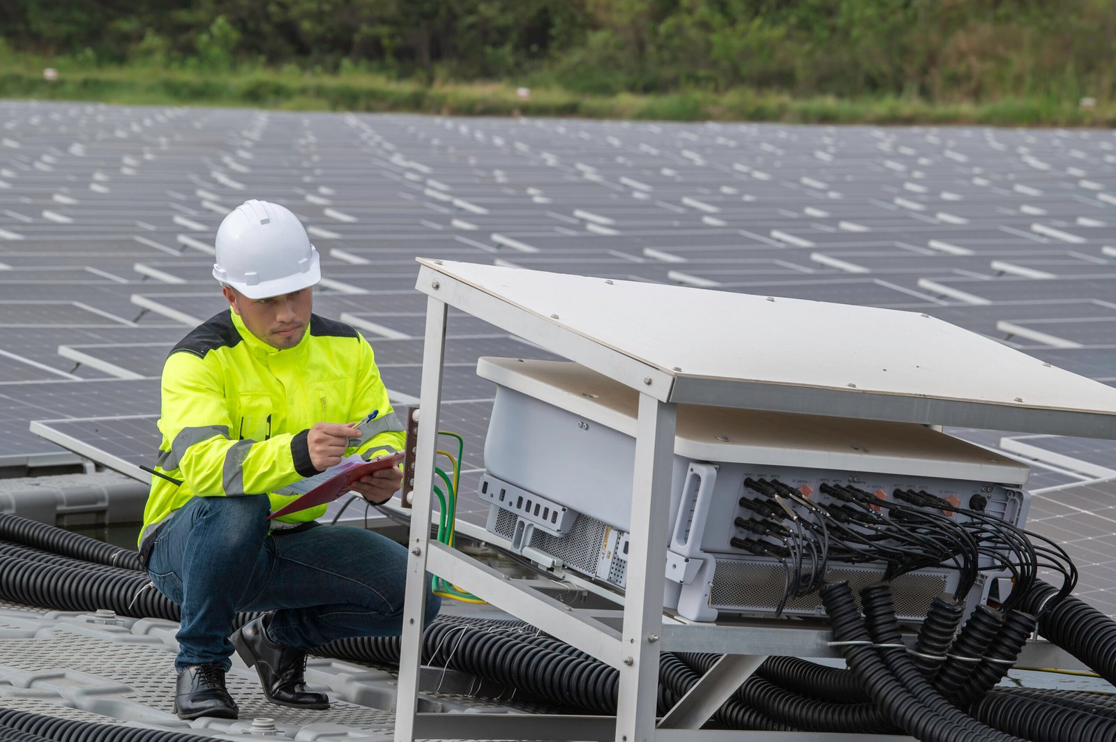 engineer working floating solar farmchecking maintenance with solar batteries near solar panelssupervisor check system solar power station scaled